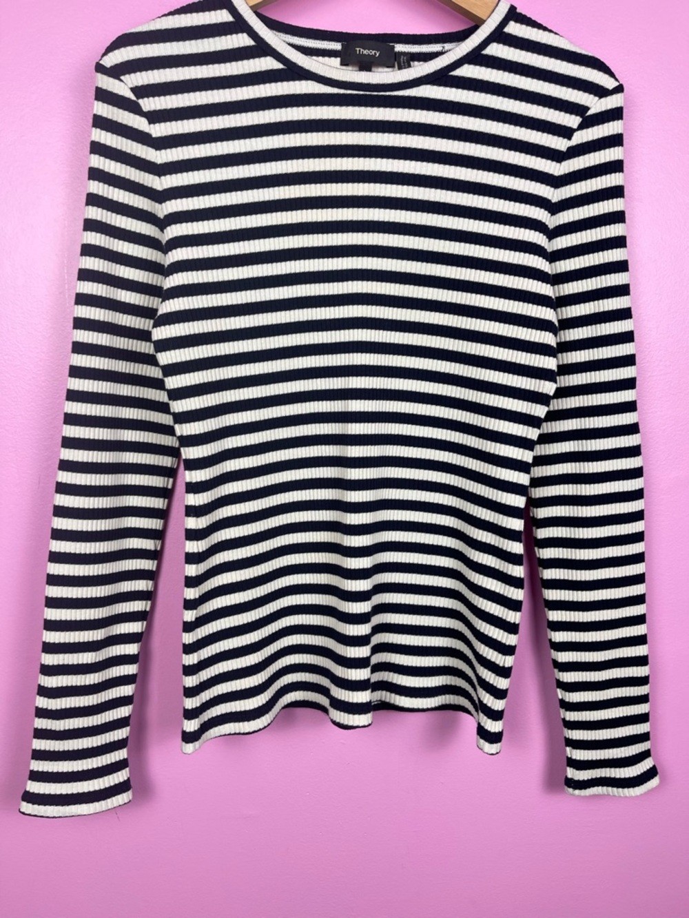 Theory Tiny Striped Ribbed Knit Long Sleeve Tee Black White Women’s Large