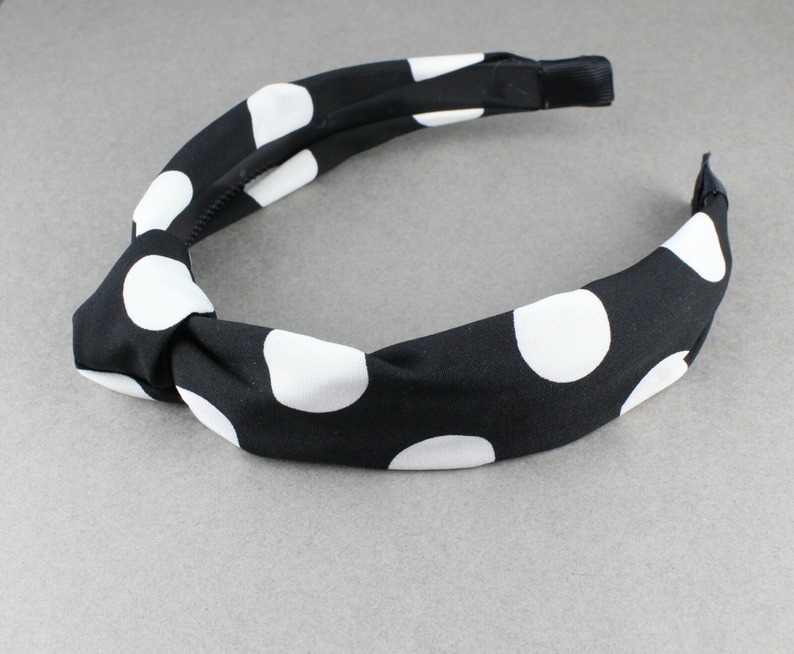 Black White polka dot turban knot headband fabric covered grip teeth dots