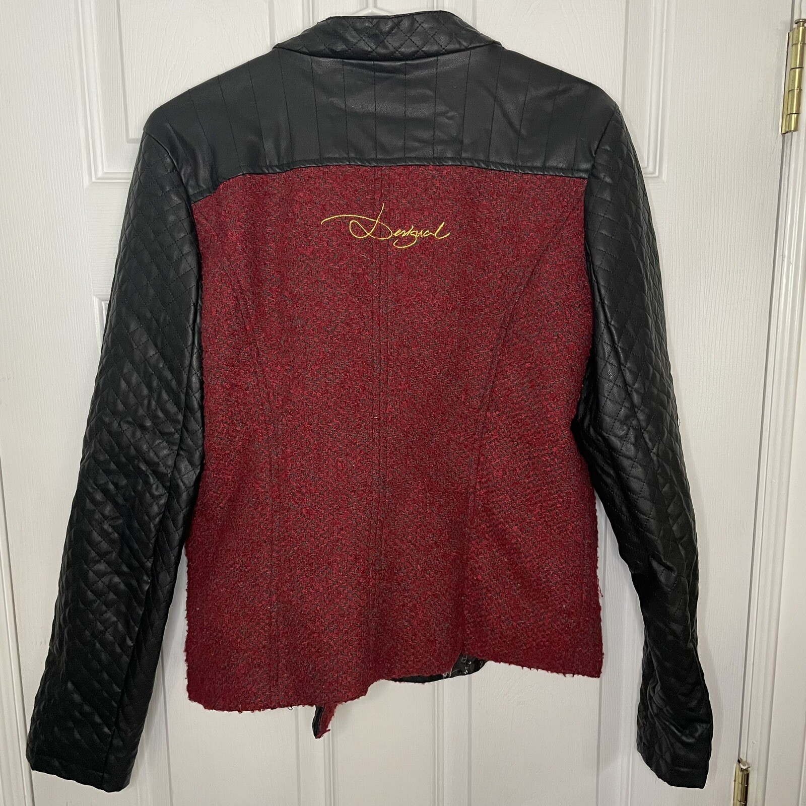 Desigual Wool Blend and Vegan Leather Black and Red Moto Jacket 42