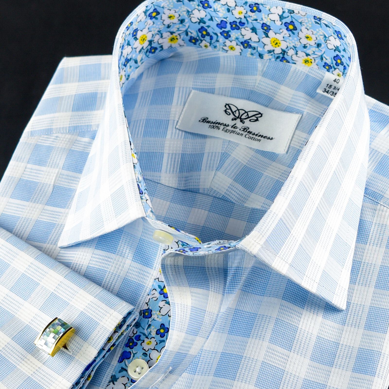 Blue Check Formal Business Dress Shirt Wih Cool Floral Inner Lining French Cuffs