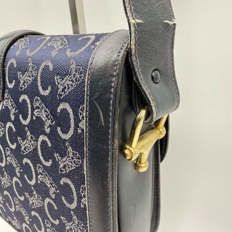 CELINE Sulky C Macadam Vintage Shoulder Bag Navy Canvas and Leather Gold-ton…