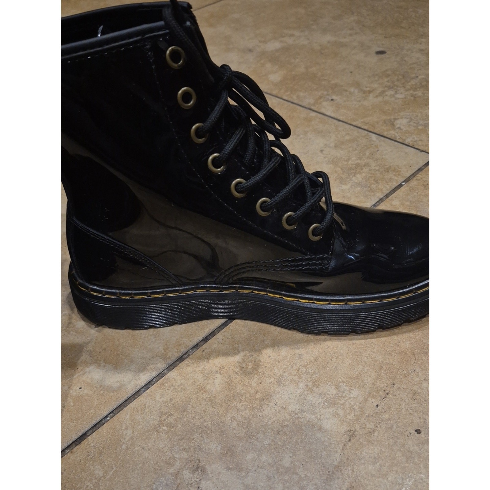 Dr. Martens Black Patent Leather Lace-Up Boots with Yellow Stitching