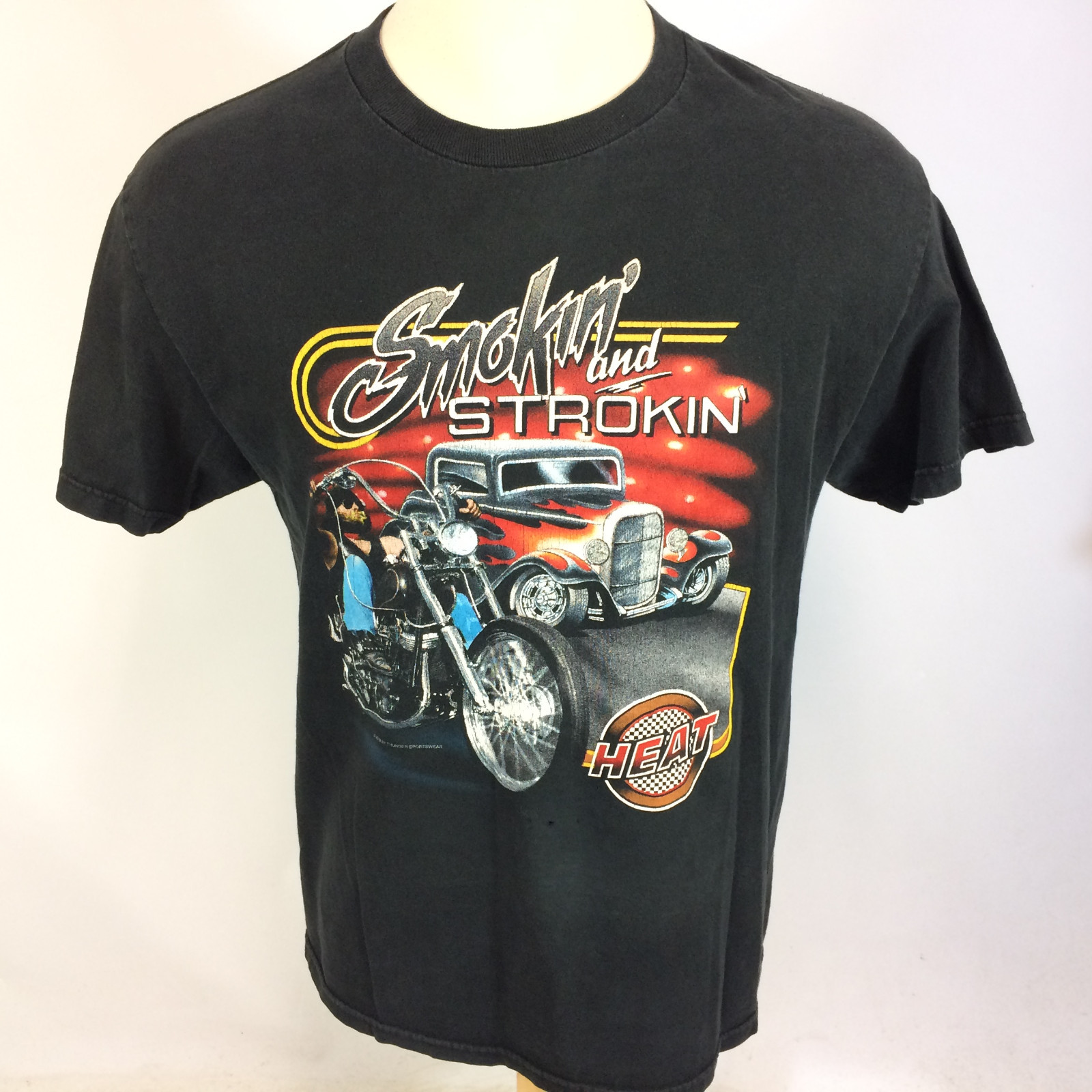 Vintage 80s 90s Smokin Strokin Car Distressed Black Motorcycle Trucker T Shirt