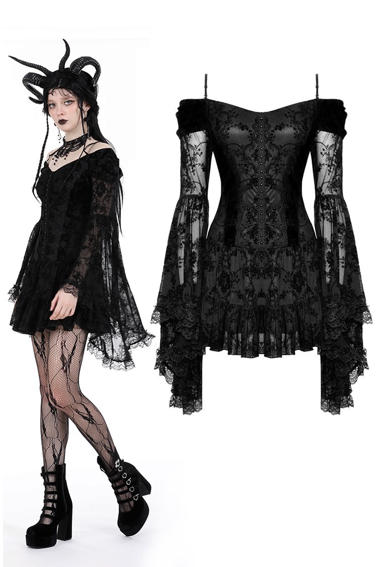 Dark In Love Gothic Victorian Dark Fairycore Black Rose Fairy Lace Mini Dress L