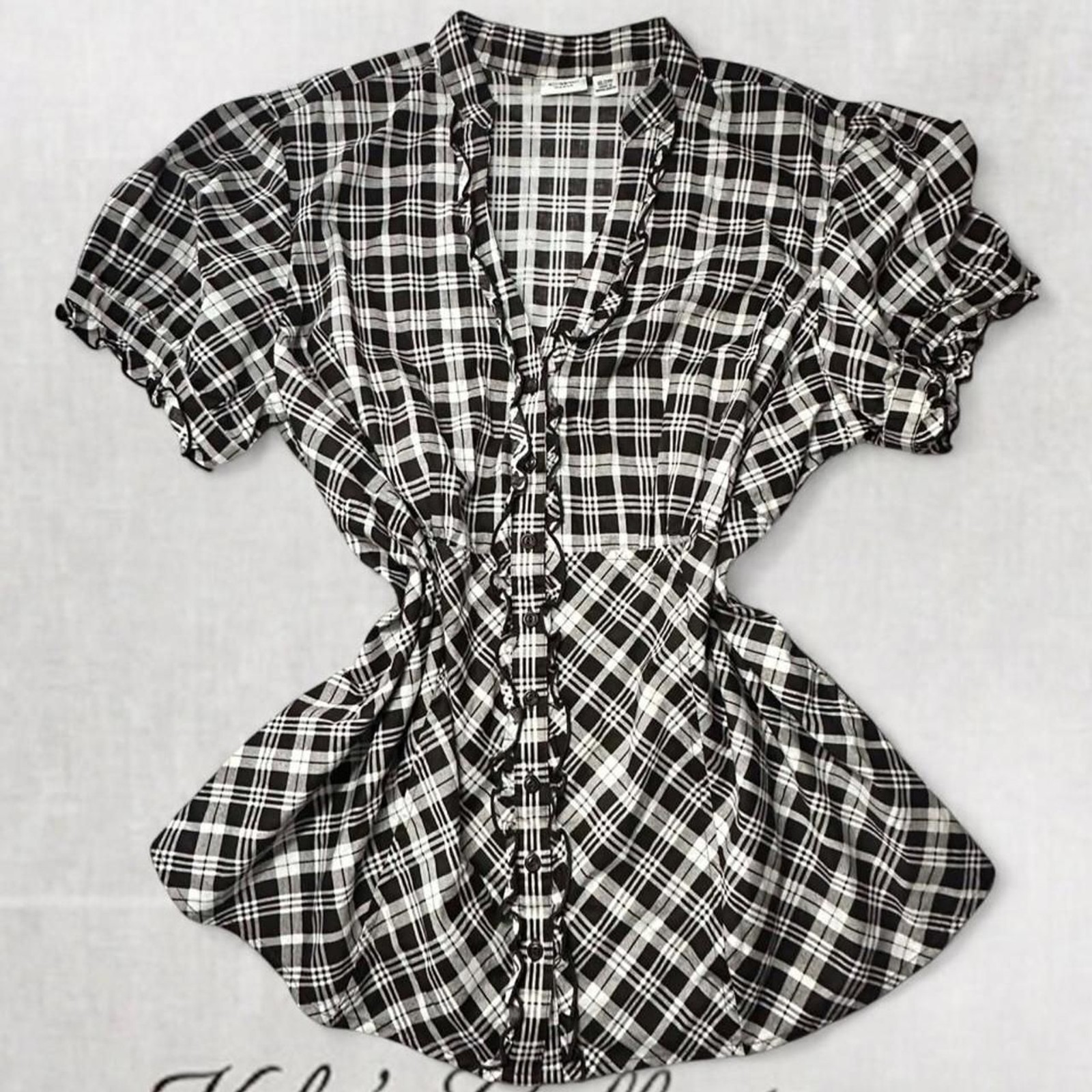 Black and White Plaid Button Up Blouse with Ruffle Details