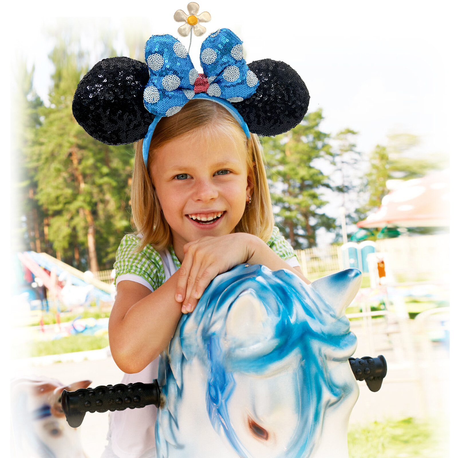 Flower Minnie Ears Hat Disney’s Parks Headband with Blue Bow Sequins Polka Dot