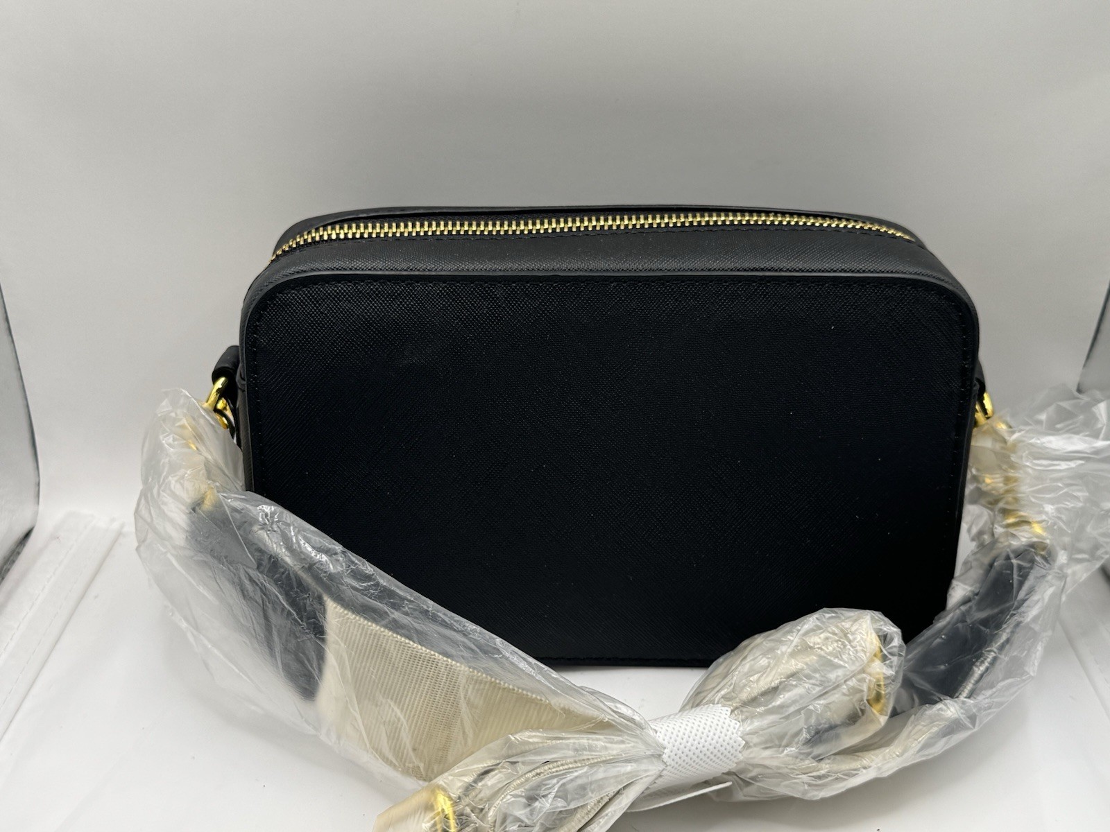 JOY Black Saffiano Crossbody Bag Zip Gold-Tone Hardware, Adjustable Strap, Pouch