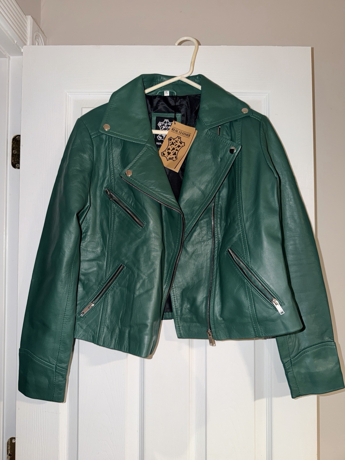 Ninfa Women’s Green Leather Biker Jacket XL Zip Zipper Pockets Lined