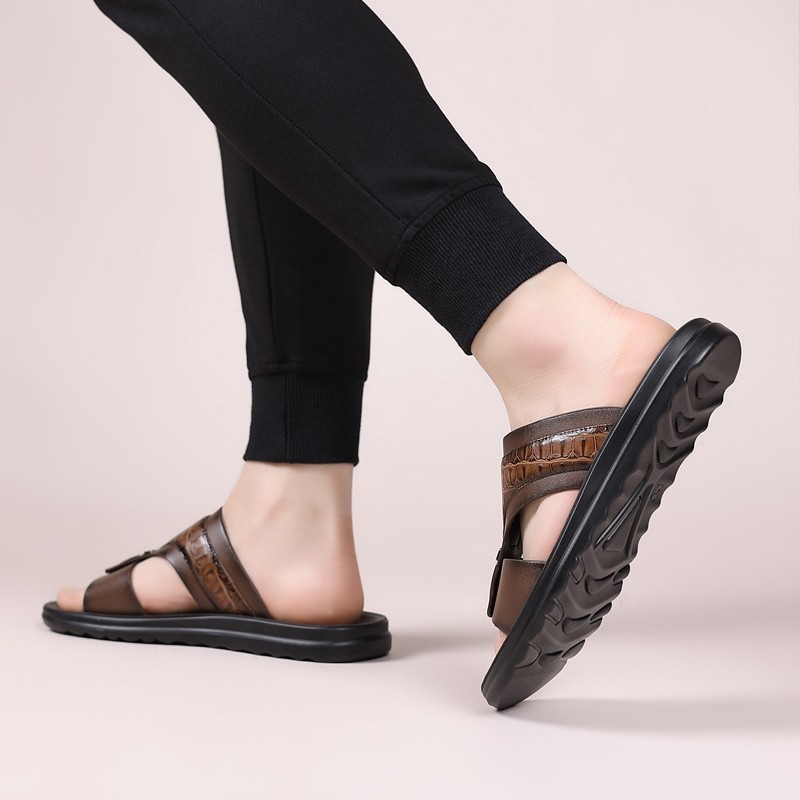 Men’s Croc-Embossed Slide Sandals, PU Leather, Comfort Non-Slip Rubber Sole