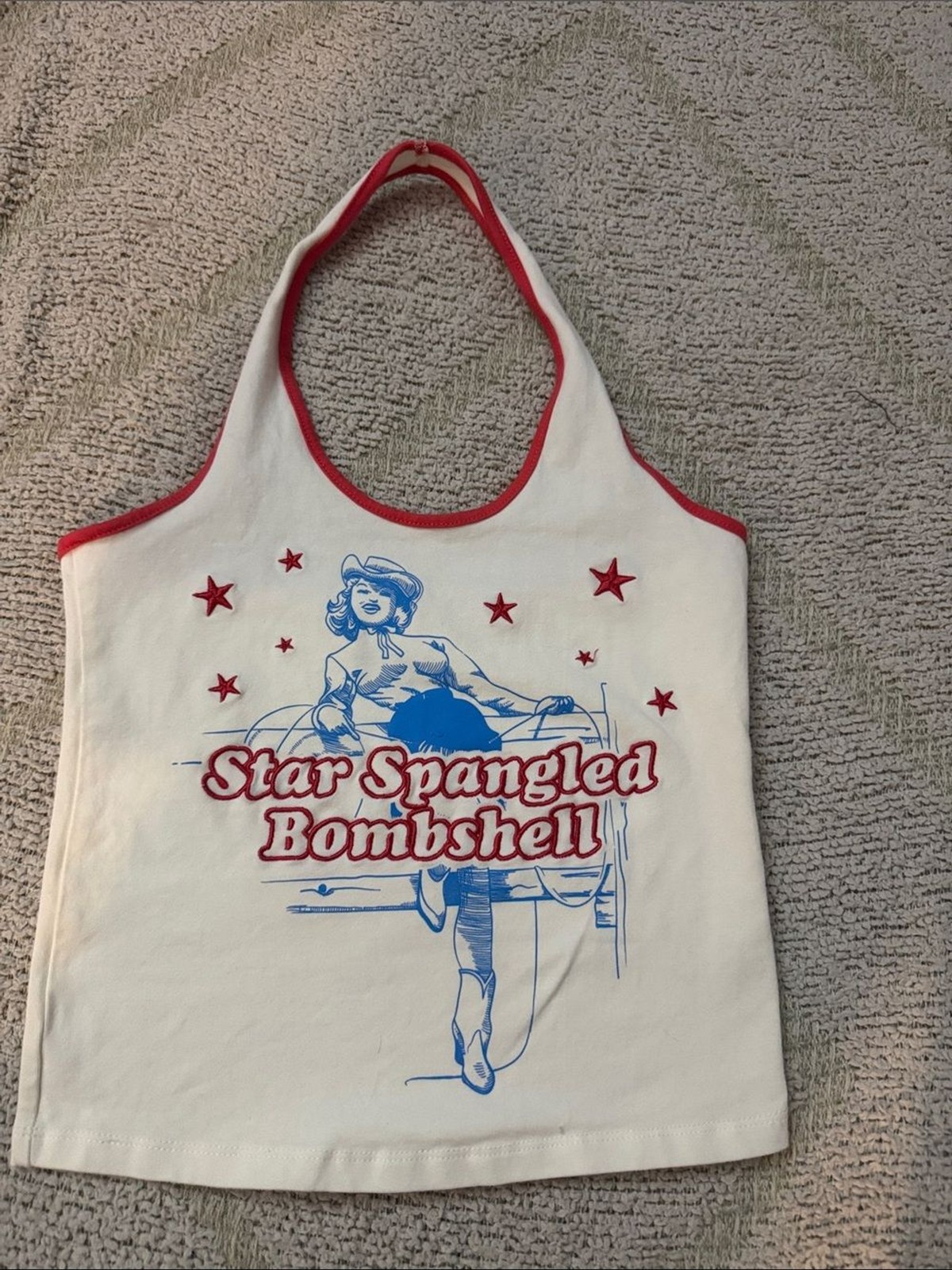Special Thanks Star Spangled Bombshell Halter Tank Patriotic Y2K Top Sz small