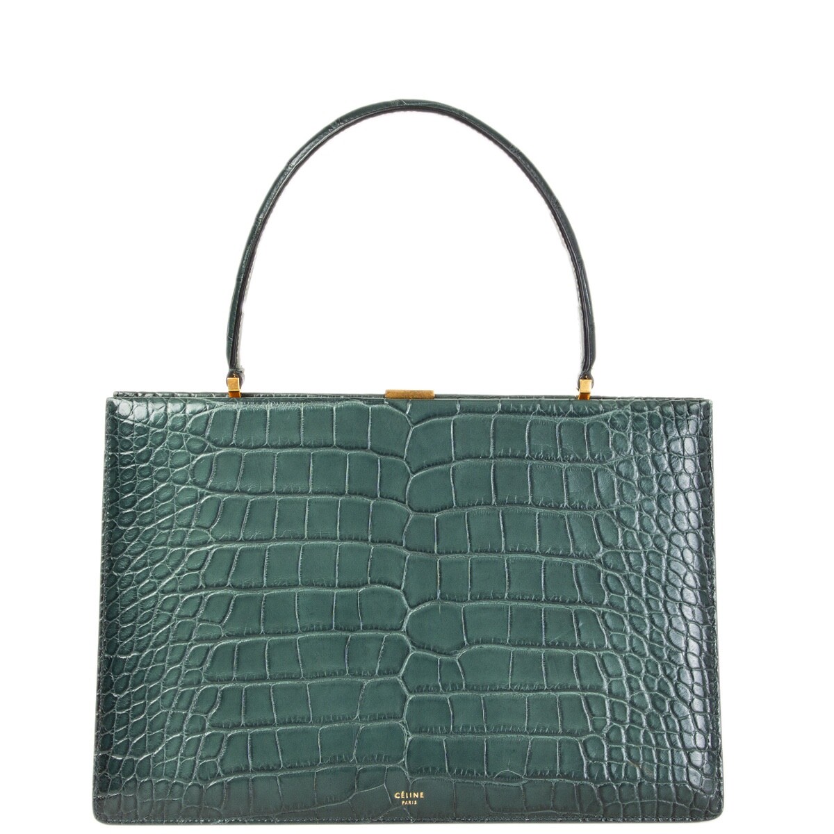 63581 auth CELINE Cypress green CROCO MEDIUM CLASP Top Handle Bag
