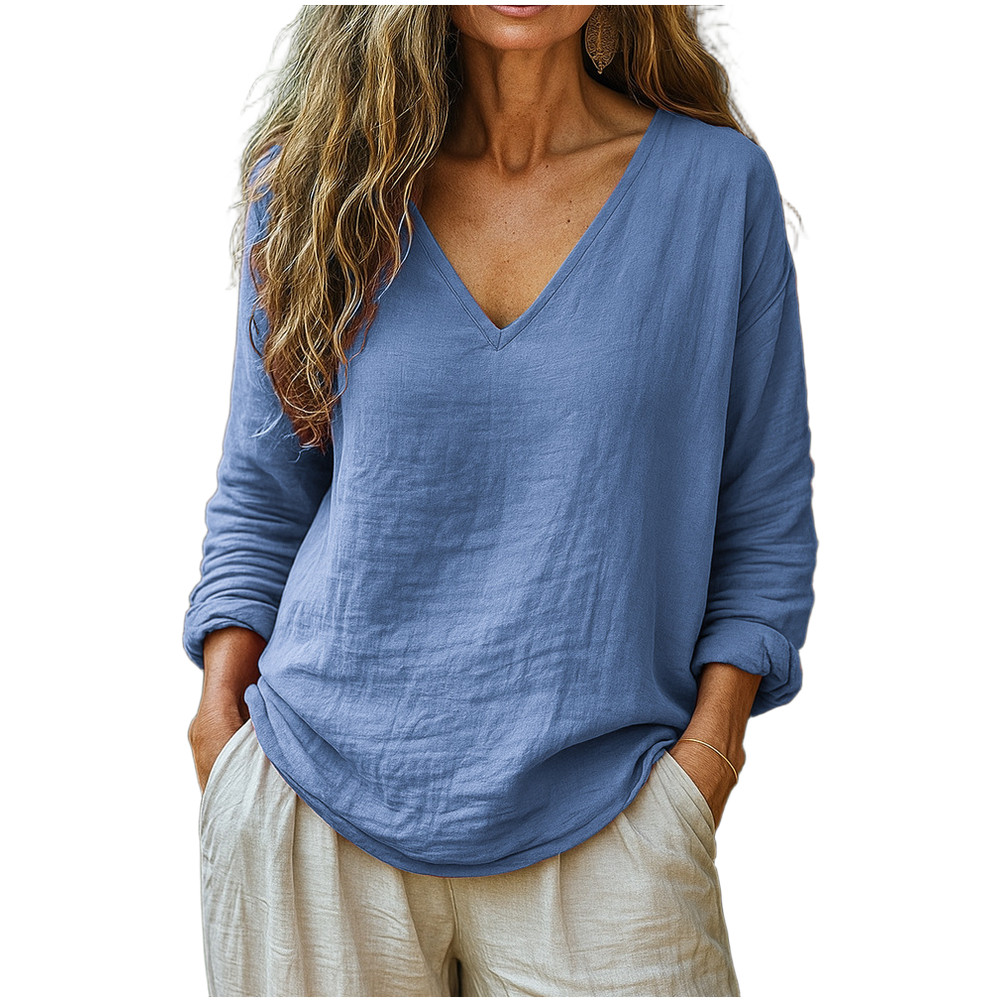 Loose Fit Cotton Linen Blend Top Women’s V Neck Long Sleeve Autumn Casual Shirt