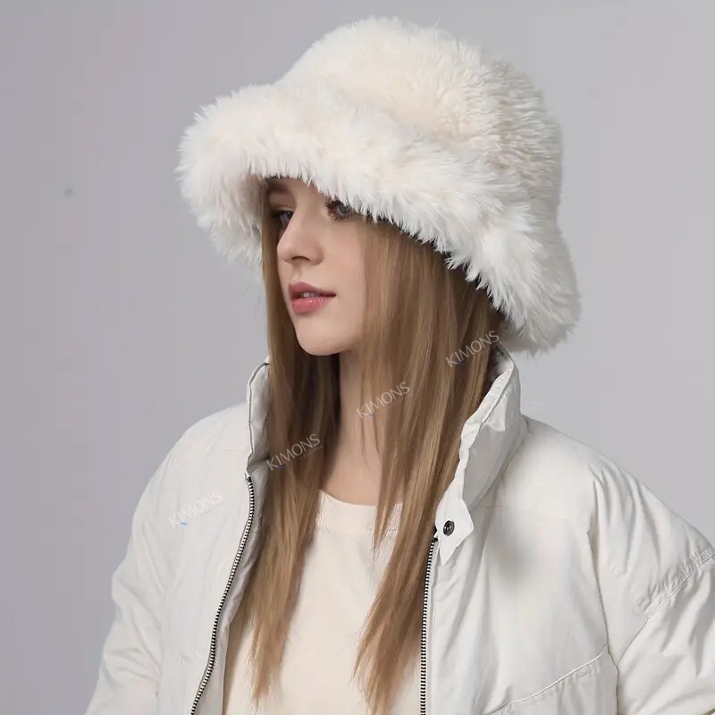 Thick Furry Fluffy Faux Fur Bucket Hat Warm Fisherman Plush Winter Hat Women