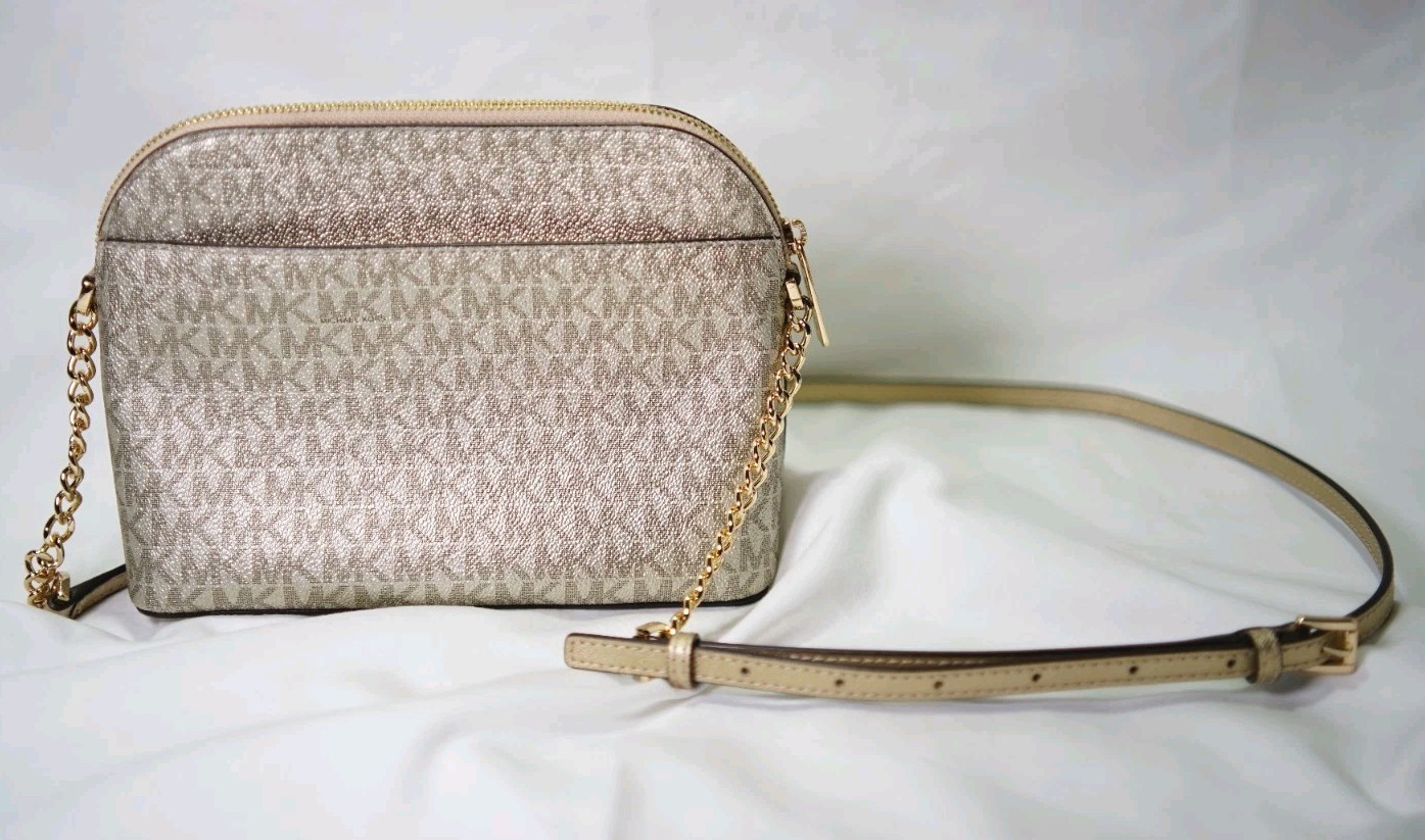 Michael Kors Jet Set Travel Dome Crossbody – Pale Gold Metallic Logo Design