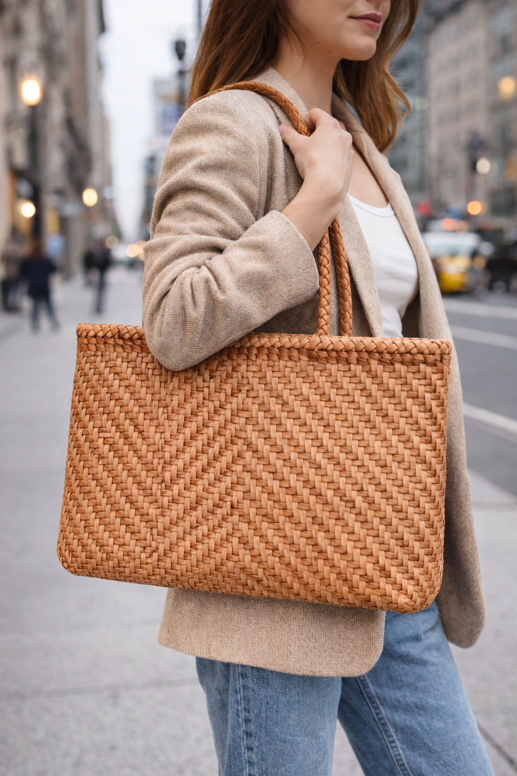 Woven Leather Tote Bag Handwoven Brown Shoulder Purse 15x10x4 Handmade