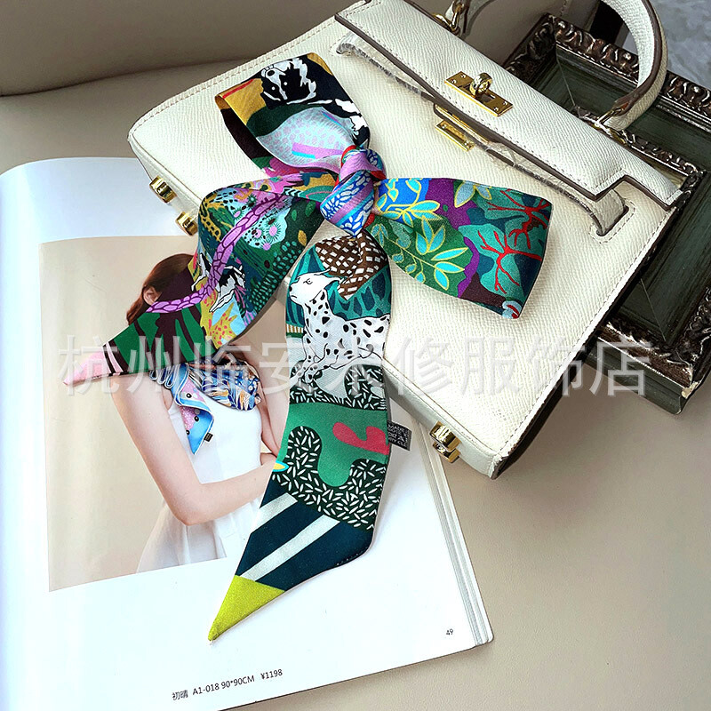 Sally Mulberry Twill Silk Scarf Ribbon Dogs Print Slim Head Band Neck Tie 90x5cm