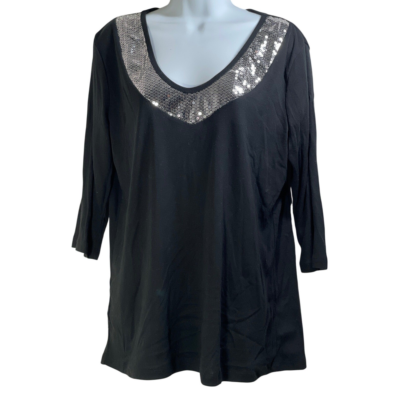 Plus Black V Neck 3/4 Sleeve Sequins Embellished Top Size 2X vamp goth romantic