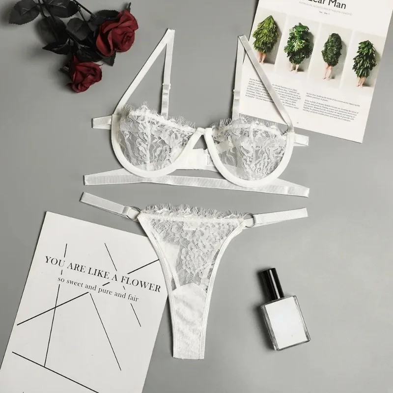 Women’s Lace Embroidered Bra Set Sheer Mesh Push Up Lingerie Underwear Set