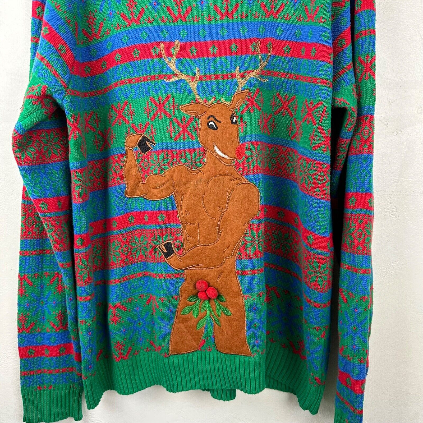Blizzard Bay Muscle Rudolph Mistletoe Balls Christmas Funny Ugly Sweater Size XL