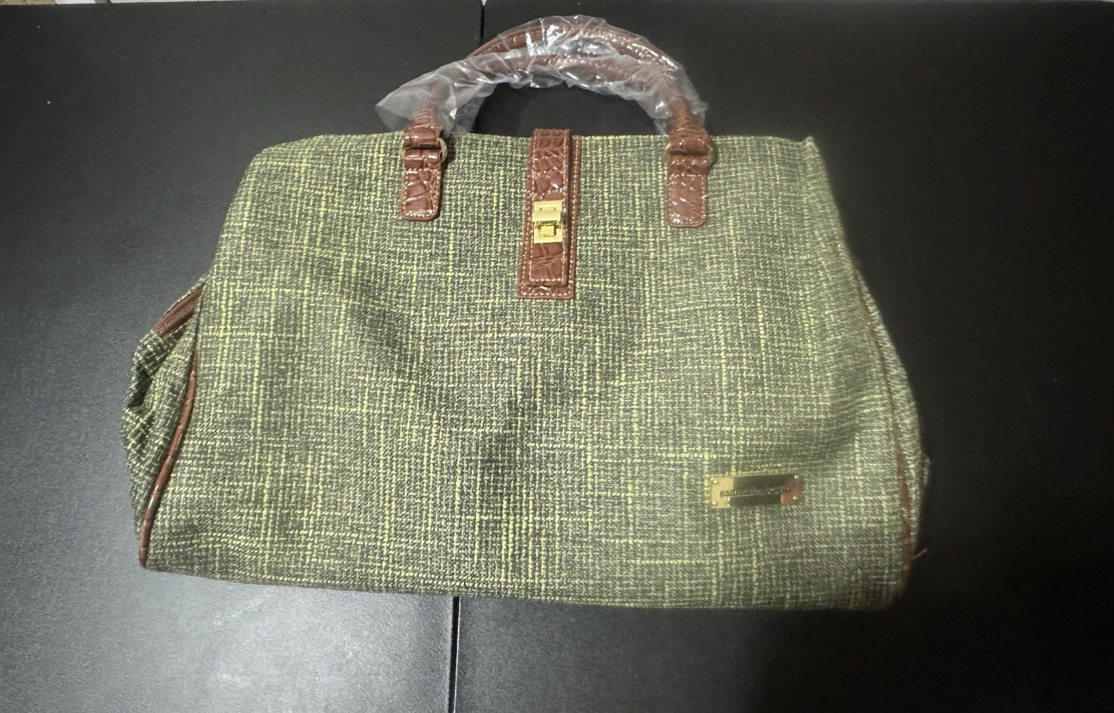 Samantha Brown Green Tweed Satchel Top Handle, Zip, Detachable Strap