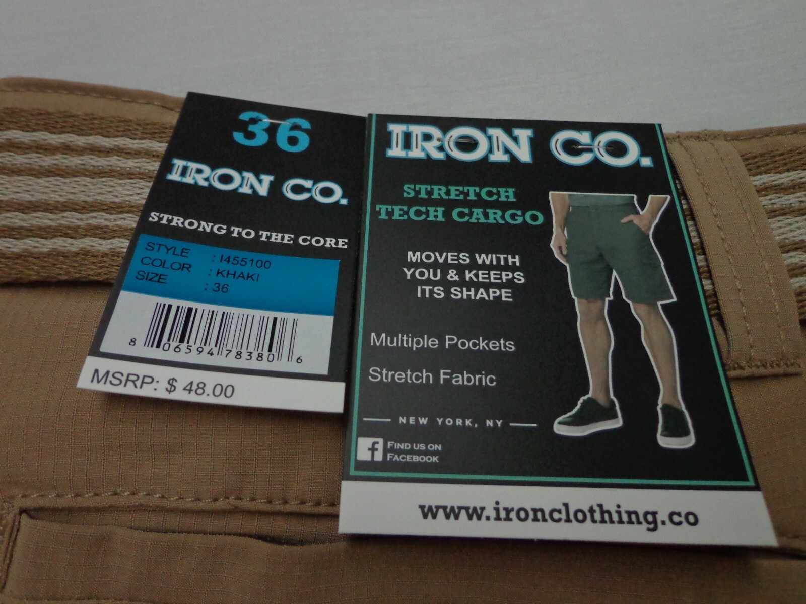 IRON CO. Stretch Tech Cargo Belted Shorts Khaki Size 36 NEW