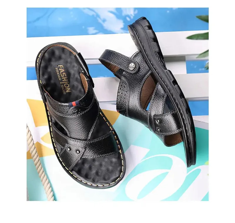 Summer Men Leather Sandals Genuine Leather Non-slip Men Shoes Slippers