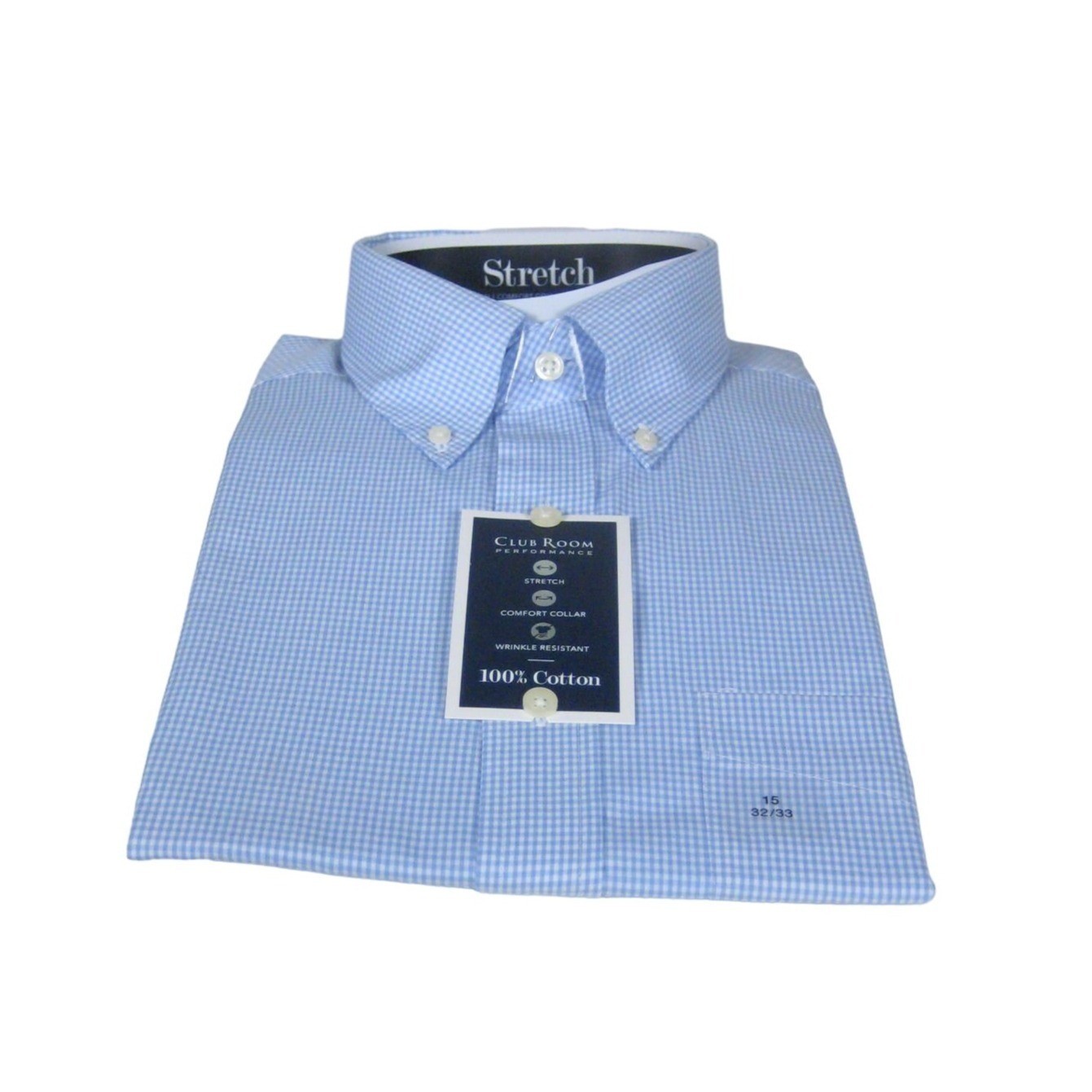 Club Room Mens Regular Fit Performance Stretch Dress 32 to 33 Shirt 15 Gingham