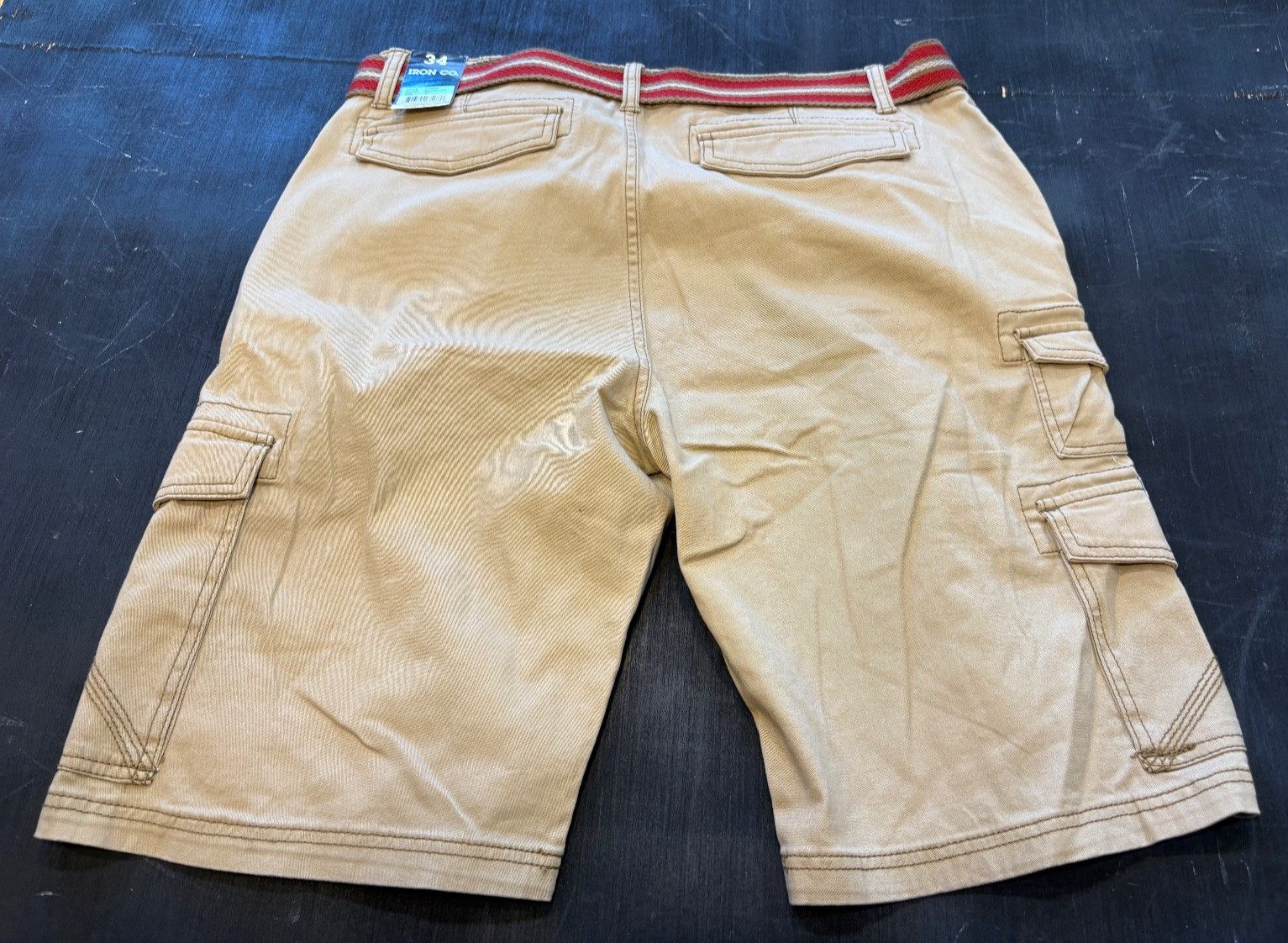 IRON CO. Belted Cargo Shorts Mens 34 W 11 Inseam Khaki Cotton/Spand MSRP $46 NWT