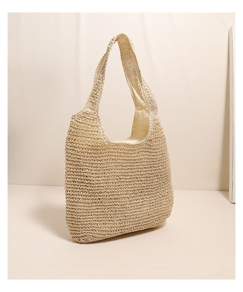 Women Simple Solid Color Large Capacity Straw Shoulder Tote Bag For Vacation