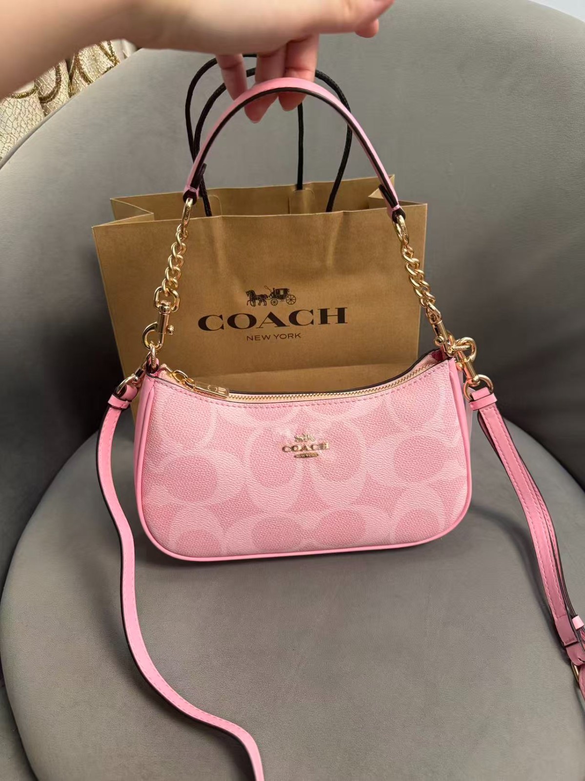 Teri Shoulder Bag In signature canvas/Gold/Powder Pink New CAL51
