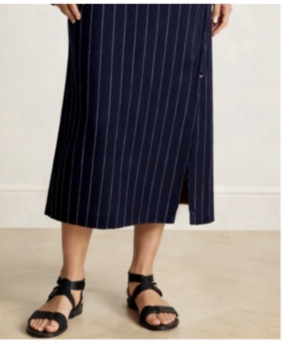 Navy Pinstripe Midi Dress Fully Lined Minimalist Pullover Designer Style M