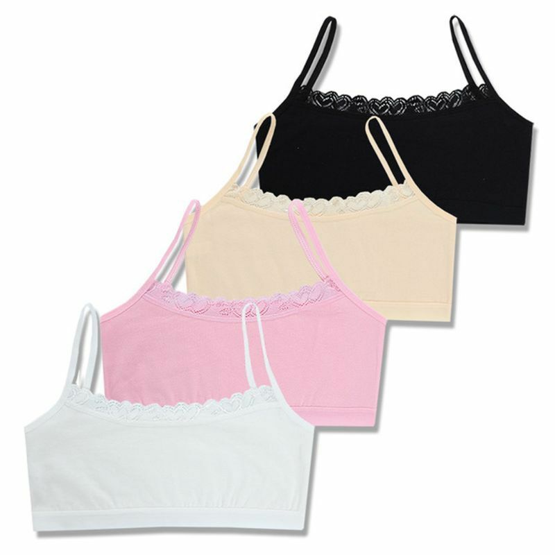 Cotton Bra Girls Training Lace Young Kids Vest Teenage Underwear 8-14Year 4Pcs