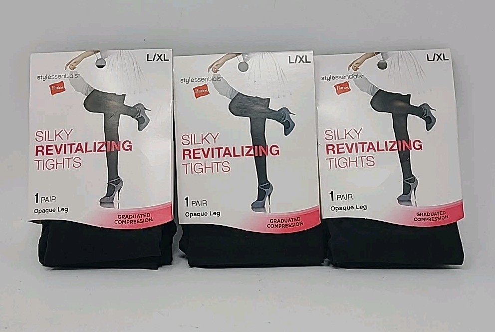 Hanes Silky Revitalizing Tights Opaque Leg L/XL Black Graduated Compression x3