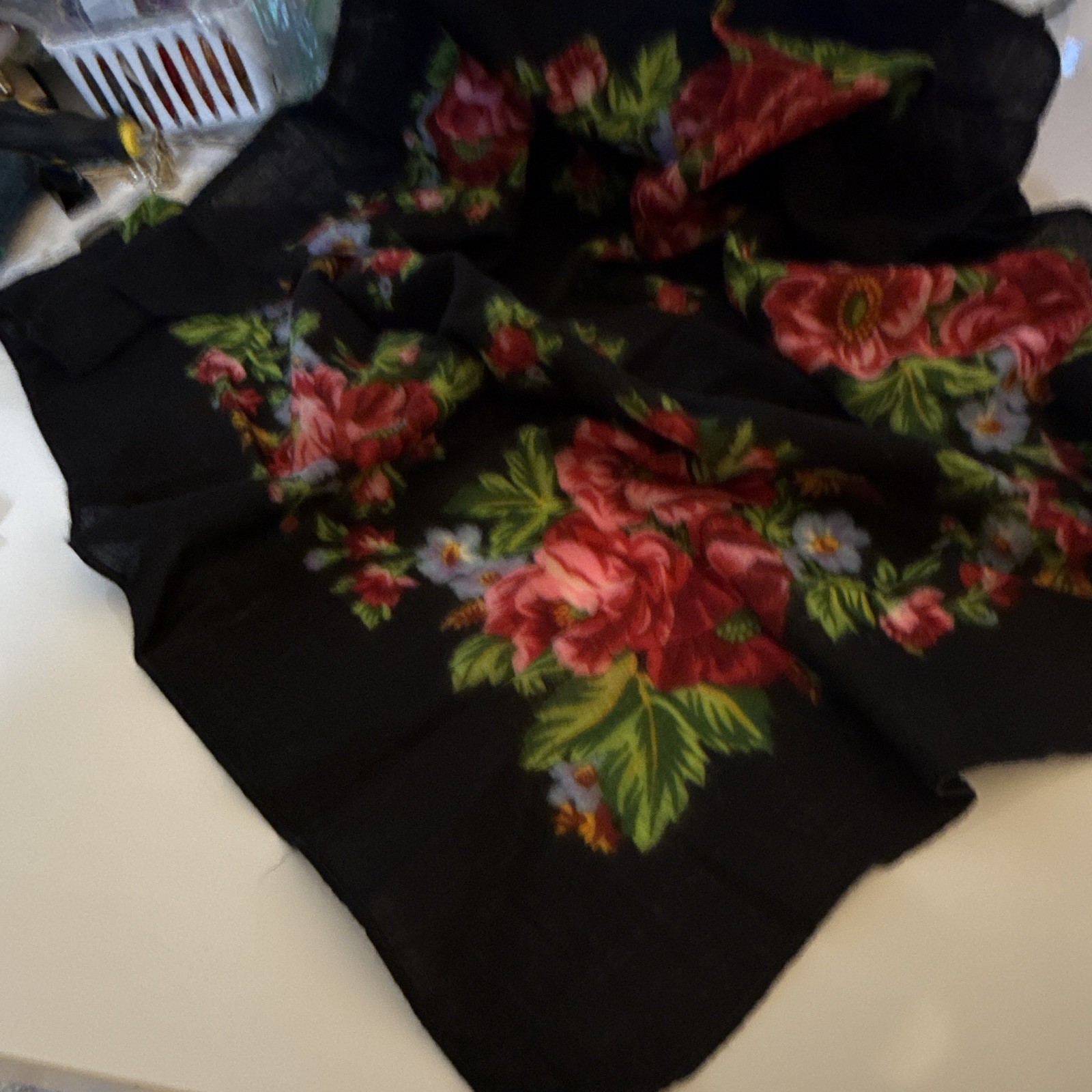Black Floral Rose Print Square Scarf Wrap with Fringe – Women’s