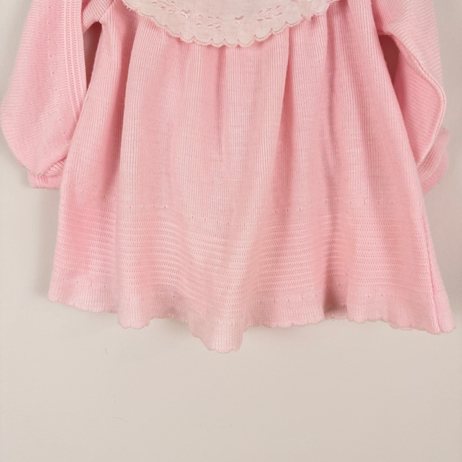Vintage Bebe Kids Pink Knit Dress Embroidered Peter Pan Collar Long Sleeve 14in