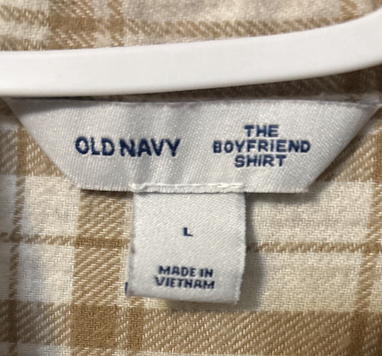Old Navy Boyfriend Shirt Womens L Relaxed Plaid Flannel Button-Up Beige/White