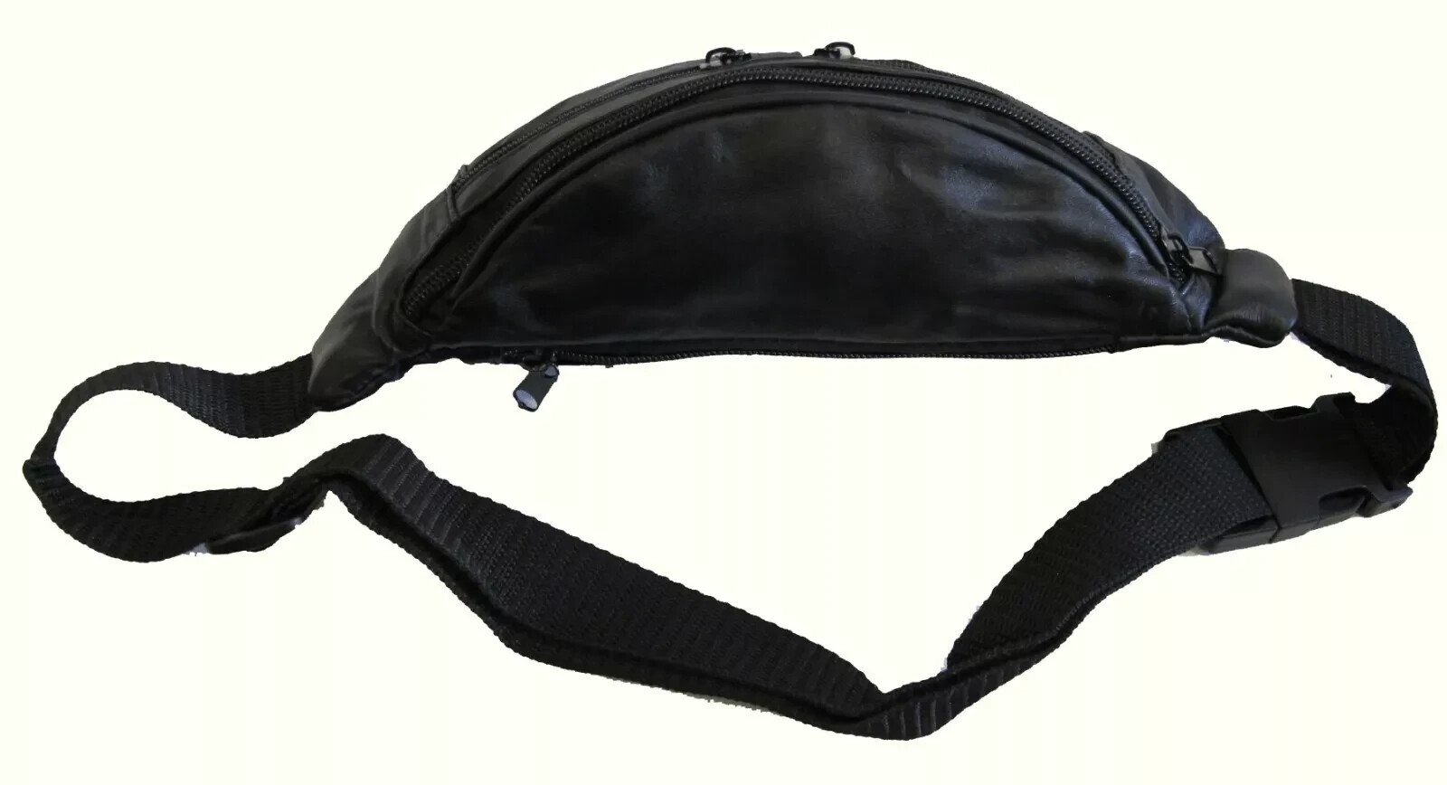 Small 4 Zipper Pocket Soft Lamb Leather Fanny Pack 48″ Long Waist Bum Bag -BLACK