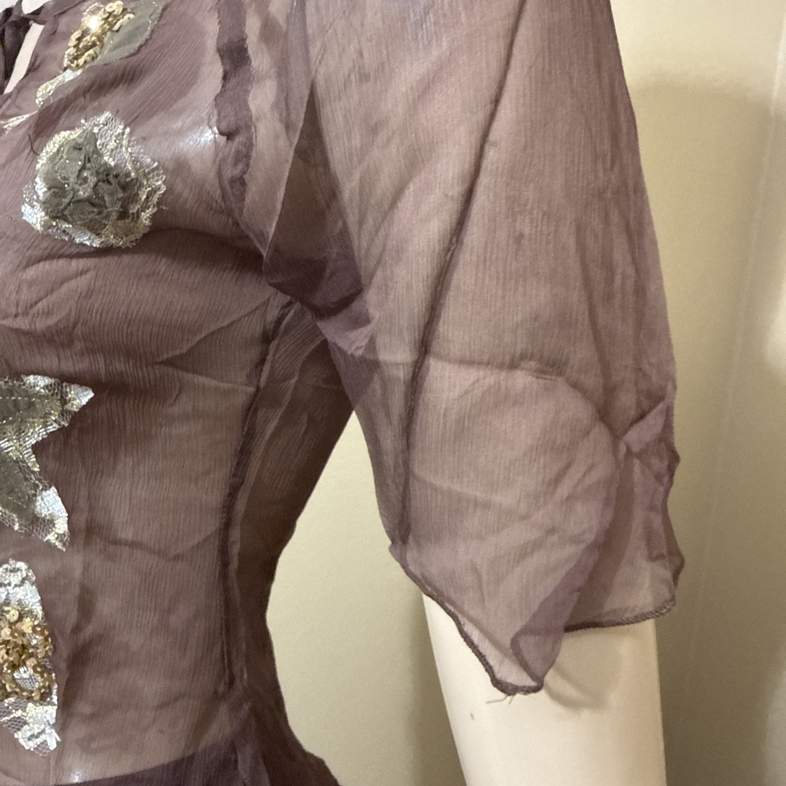 Women’s Brown Silk Casual Summer Sheer Beaded Embroidered Lace Size S Blouse Top