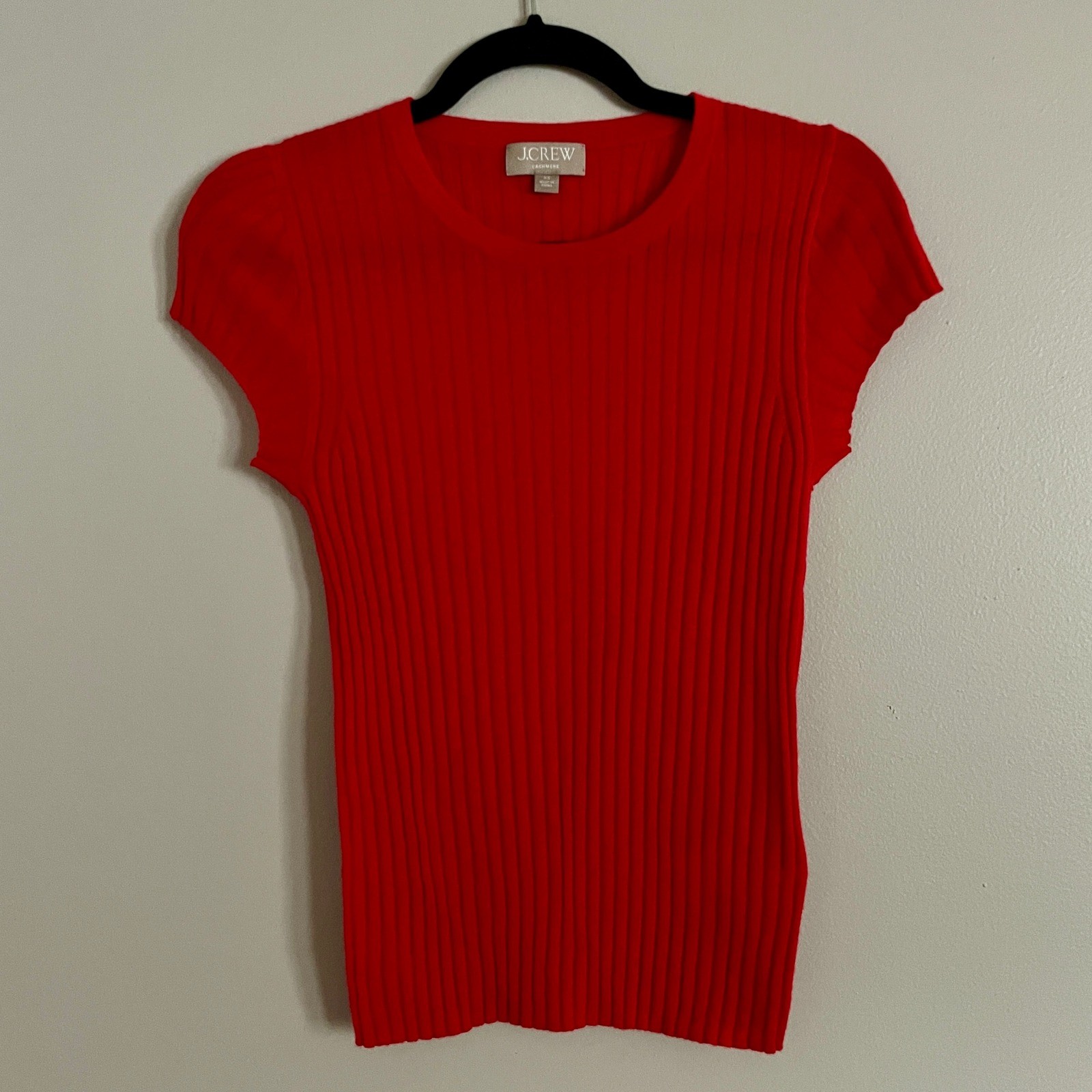 J.Crew Cashmere Sweater Women XS Red Ribbed Short Sleeve Crew Neck Classic Luxe