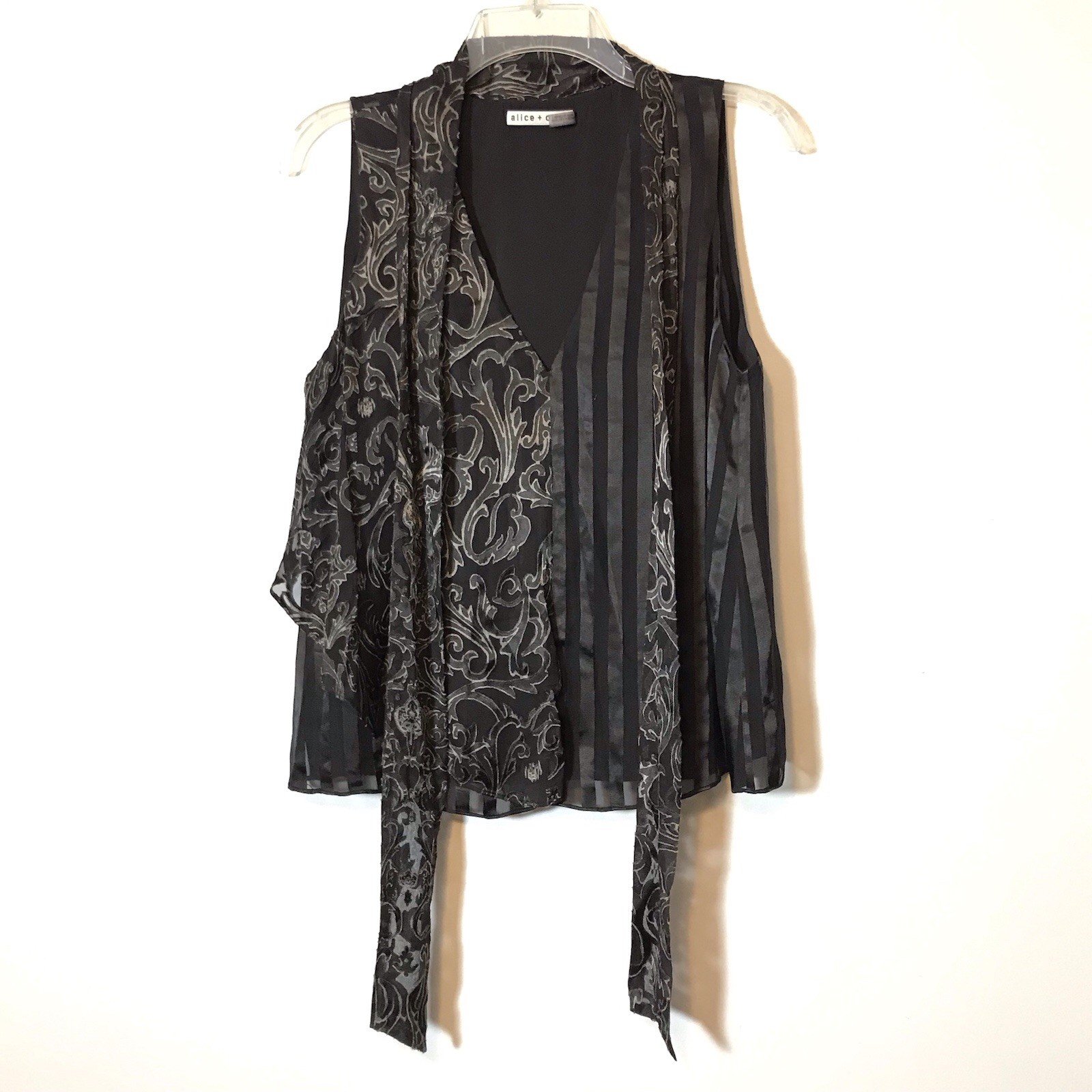 Alice & Olivia Silk Striped Baroque Swirl Neck Tie Flowy Witchy Whimsigoth Top S