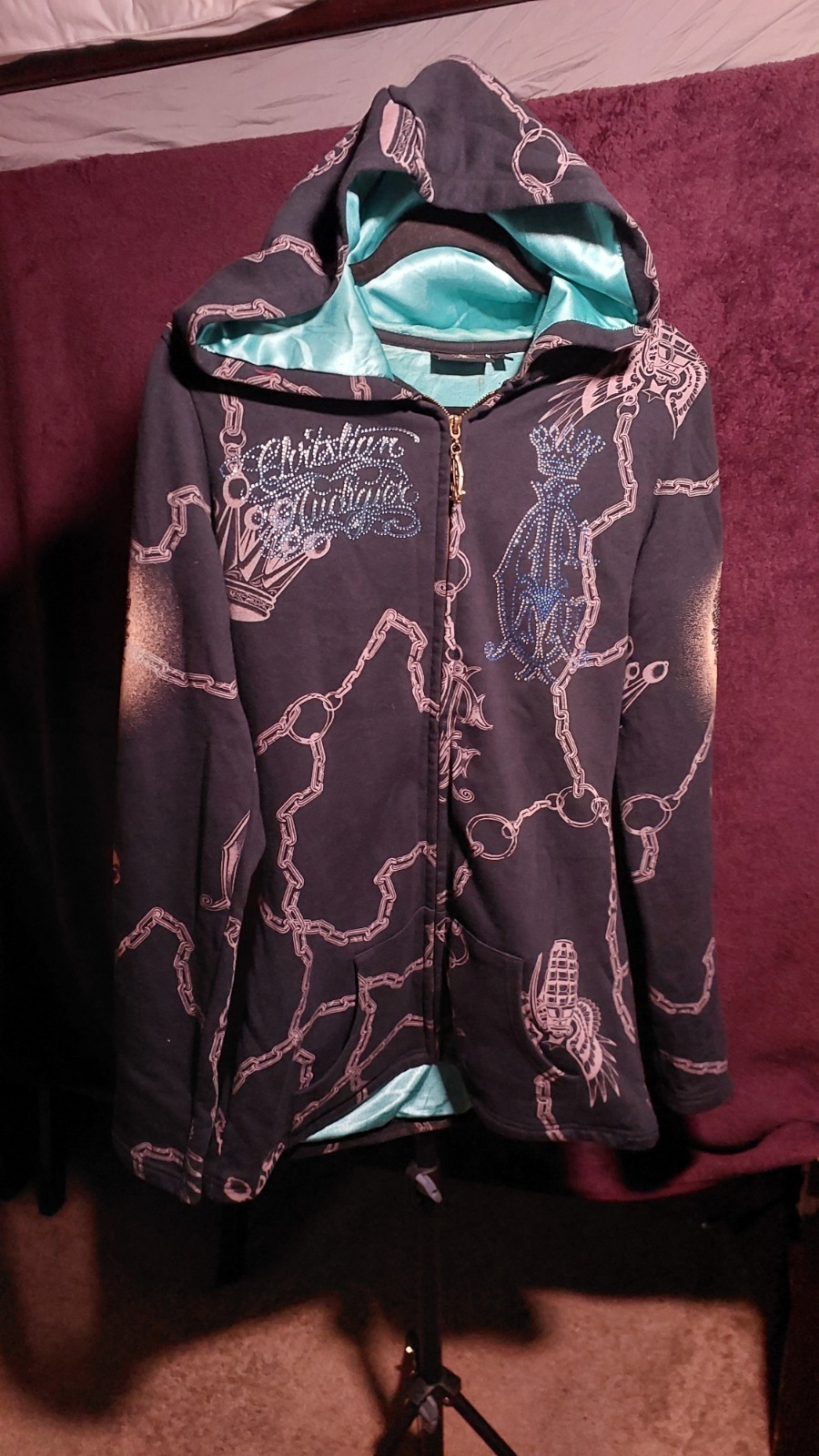 Christian Audigier Men’s Black Full Zip Hooded Satin Hoodie w/ Pockets Logo M