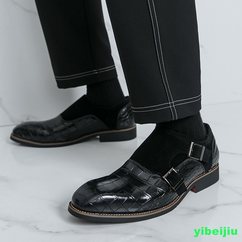 Men’s Vintage Crack Alligator Crocodile Pattern Monk Strap Oxfords Leather Shoes