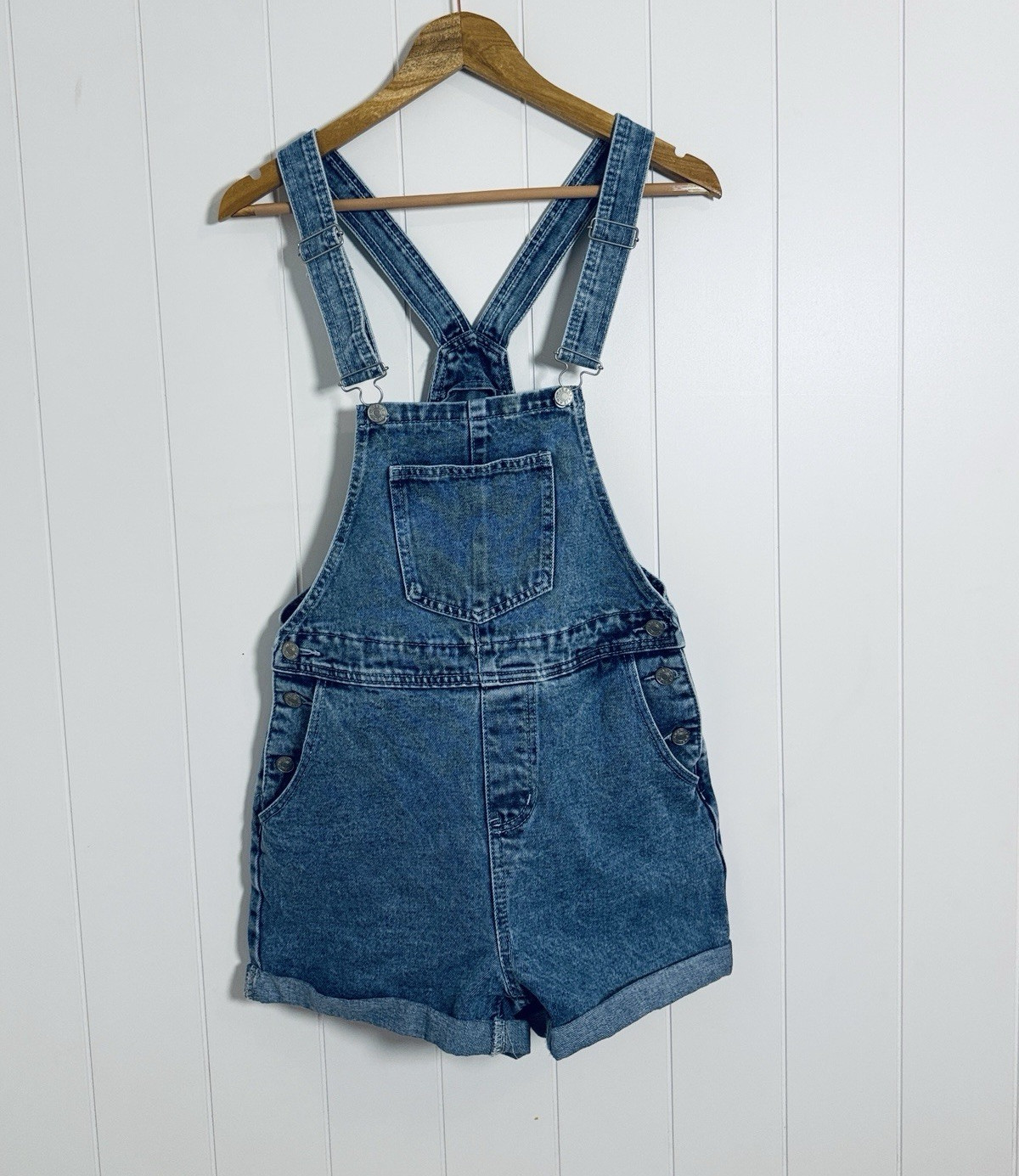 Women’s Blue Denim Overall Shortalls Romper Size M Regular Sleeveless Pockets