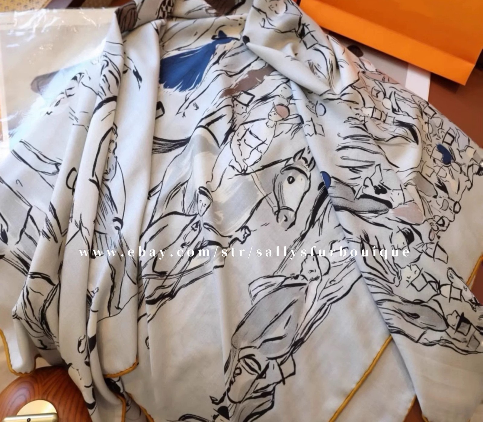 Sallys 70% Cashmere & 30% Silk Wrap Scarf Horses Print Double Face Shawl 53″