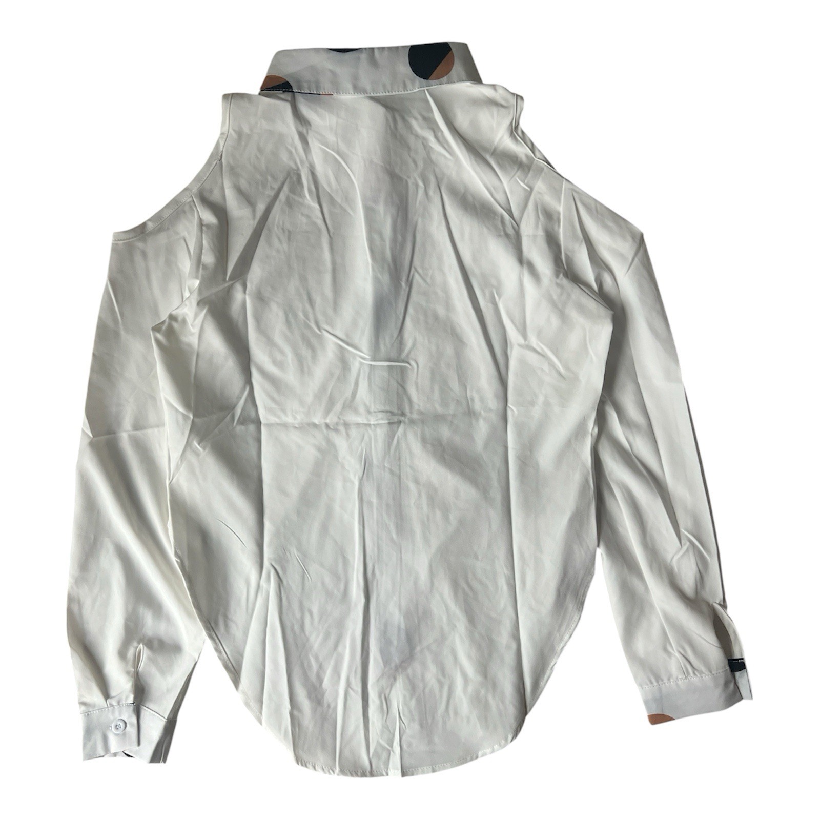 NWOT White Cold Shoulder Blouse Geometric Placket Button Down Shirt Women Size S