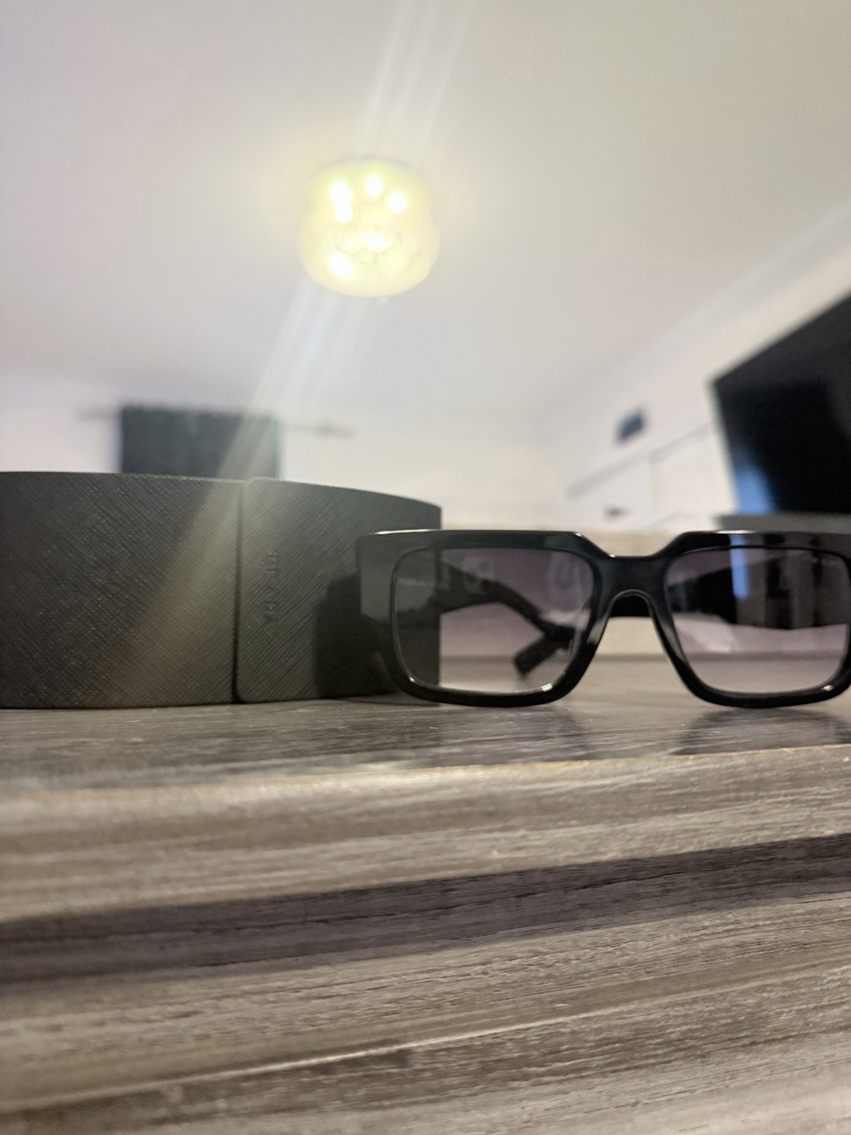 PRADA UNISEX Rectangle Designer Sunglasses Black Plastic Frame Gray Tinted