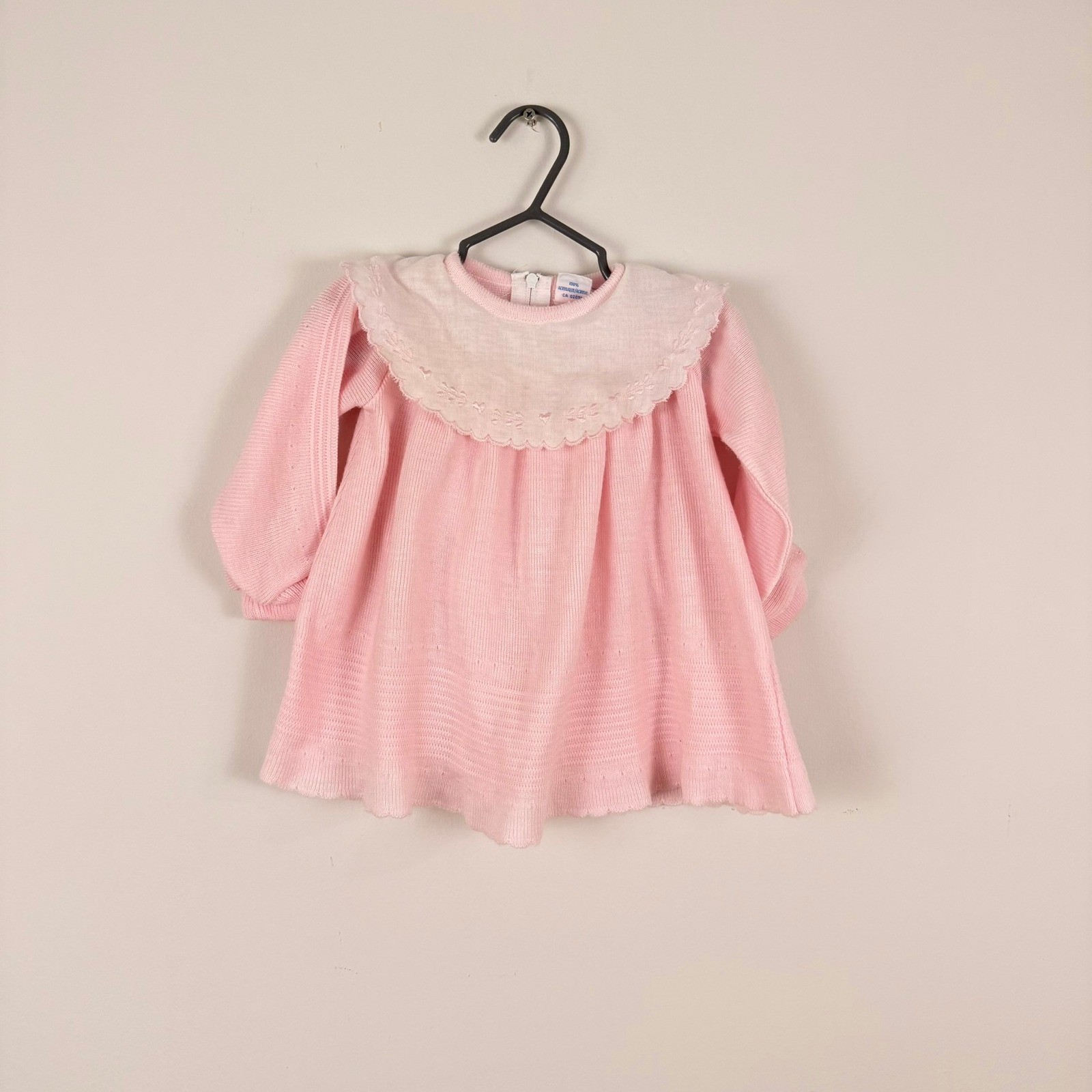 Vintage Bebe Kids Pink Knit Dress Embroidered Peter Pan Collar Long Sleeve 14in