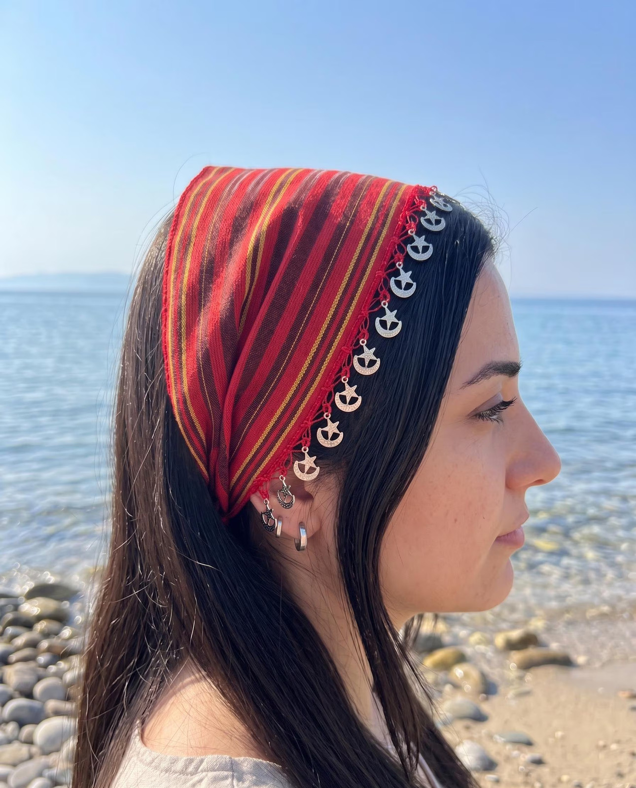 Turkish Keşan Cotton Bandana with Crescent Star Boho Hairband Handmade Unique