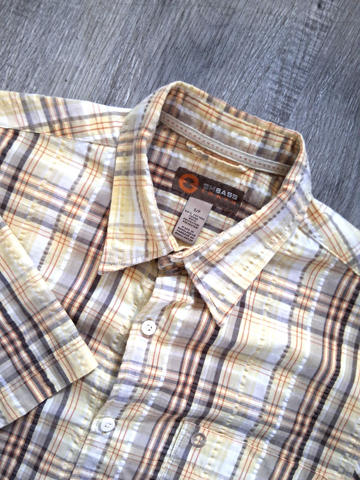 GH Bass Earth Men’s Small Yellow Plaid Seersucker Short Sleeve Button Up Shirt