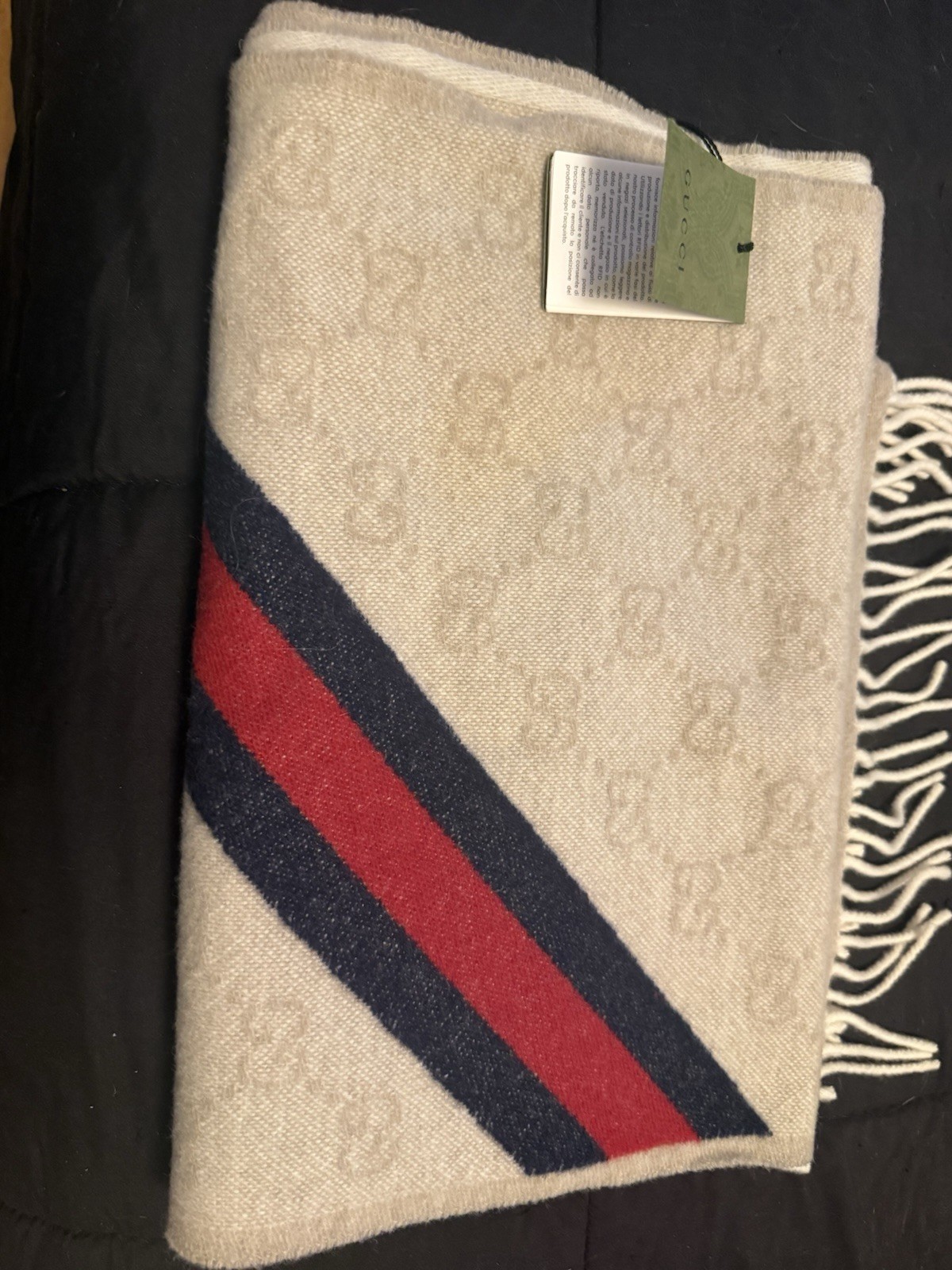 Gucci Wool Knit Logo Fringe Rectangle Scarf Beige Red Blue 190x37cm